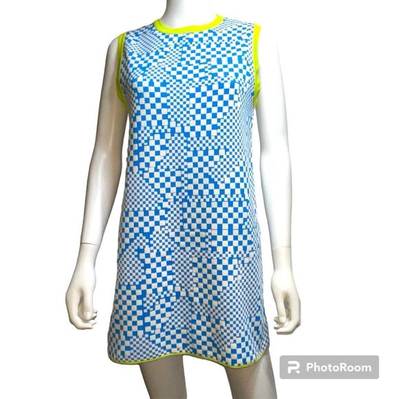 Zara Blue White Checker Print Neon Trim Knit Mod Sleeveless Mini Dress Size S - Picture 1 of 8